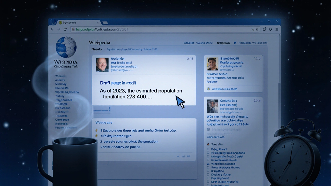 A quiet Wikipedia talk page at night with a carefully drafted edit and polite comments.