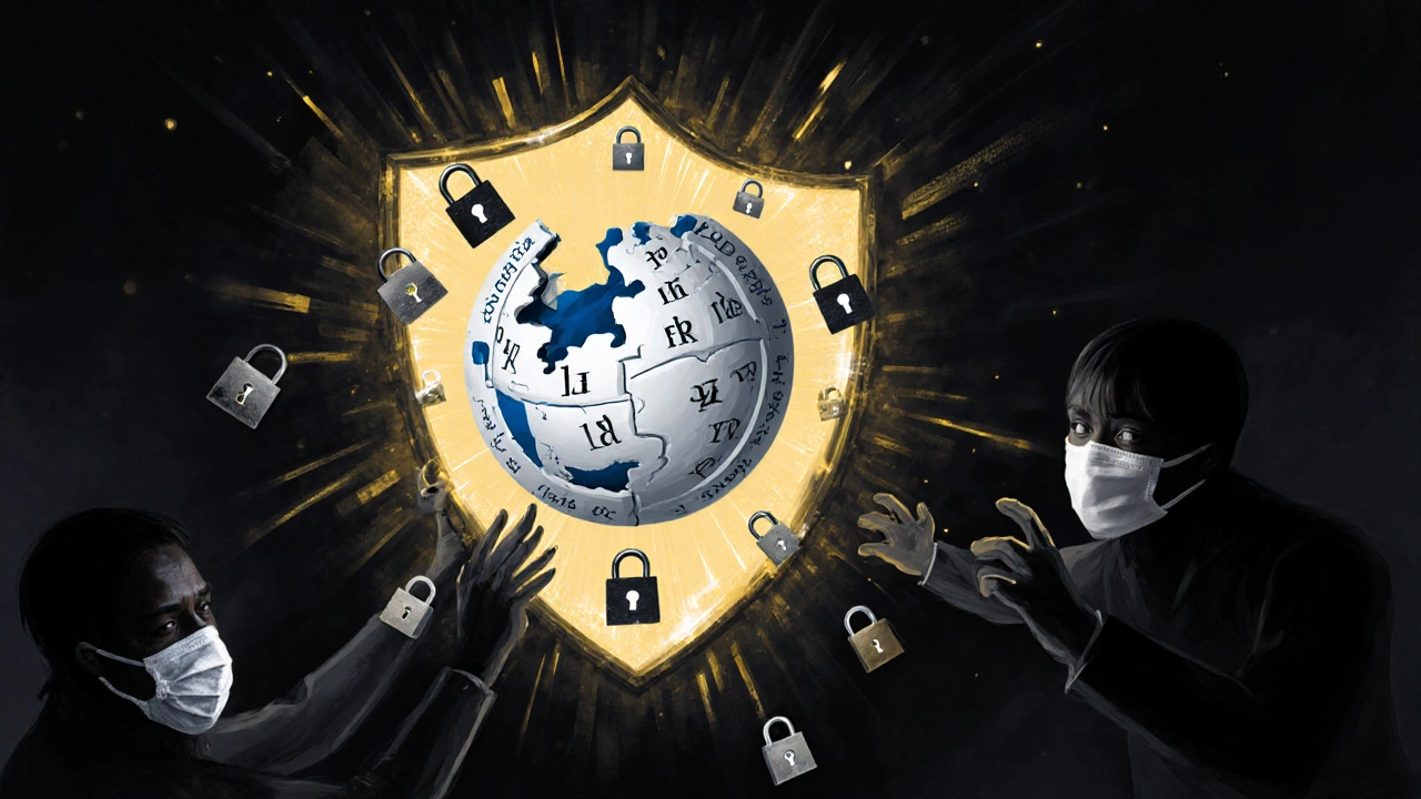 A shield made of locks and encryption symbols protecting a Wikipedia logo, with shadowy figures reaching from darkness.