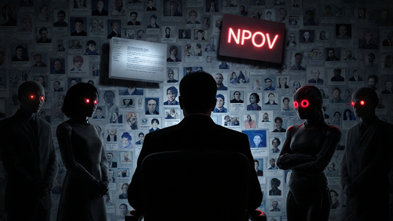 A silhouette of a Wikipedia admin surrounded by user icons, with faint figures from the Global South watching and an AI bot inserting false citations.