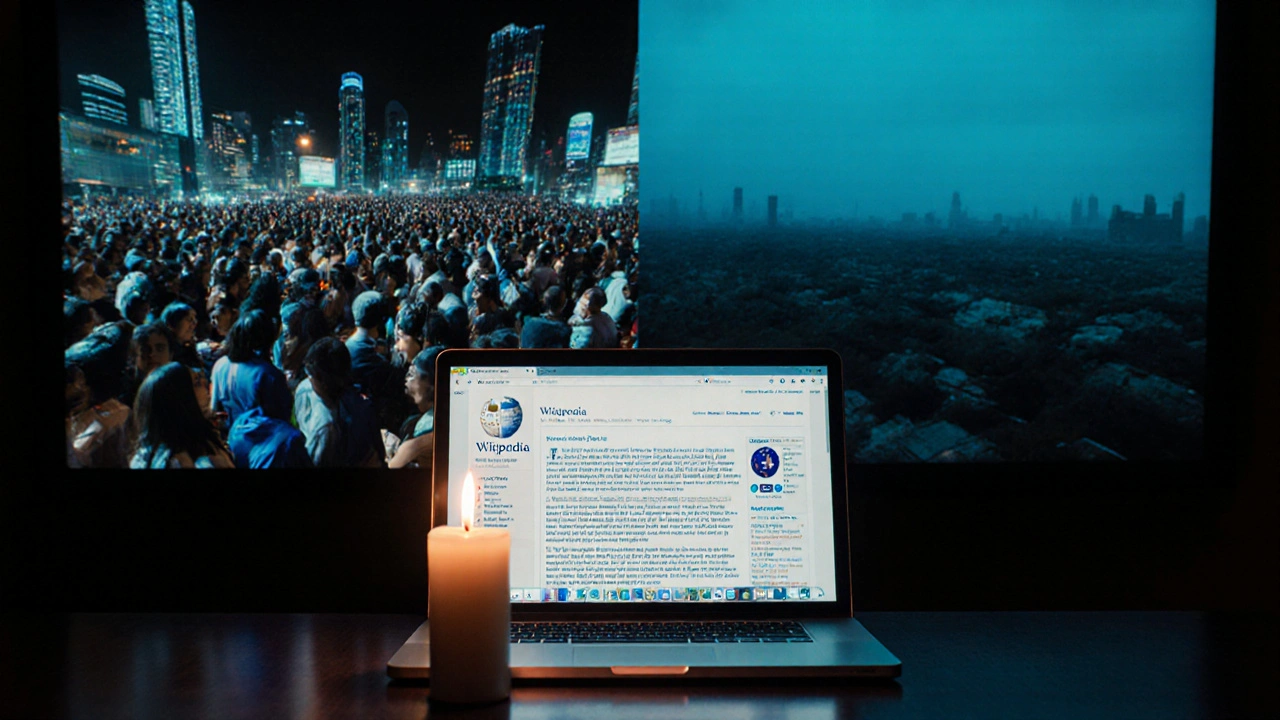 A split-screen of active Wikipedia edits versus silent regions, with a single candle symbolizing truth-seeking.