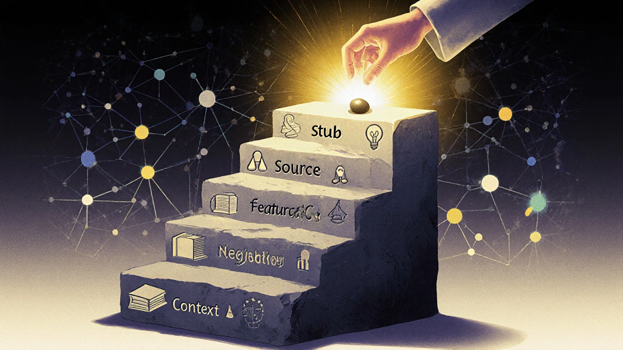 A symbolic stone ladder rising from Stub to Featured Article, with a hand placing a glowing pebble on the top step.