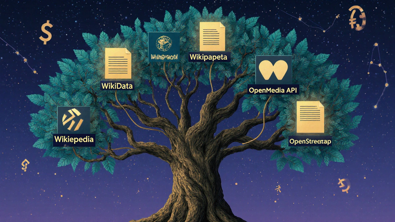 A symbolic tree with code roots and journal leaves connecting Wikipedia, Wikidata, and OpenStreetMap in a glowing network.