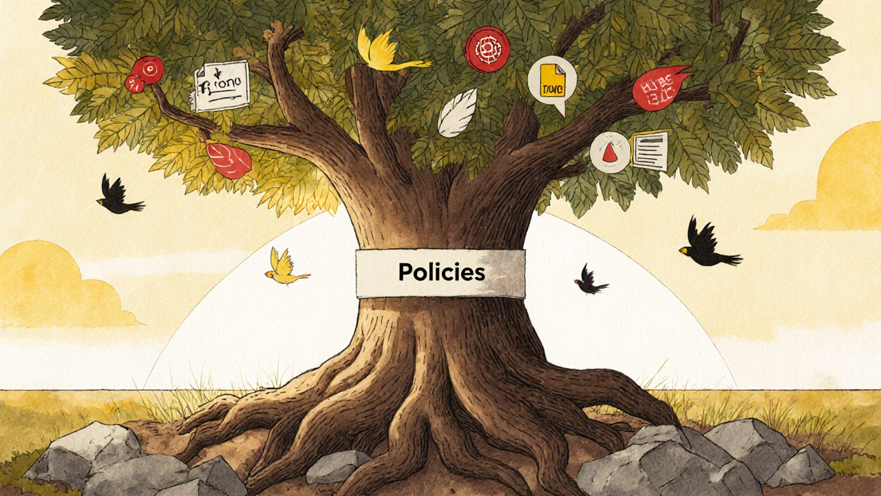 A symbolic tree with policies as roots, guidelines as branches, and essays as birds in a golden light.