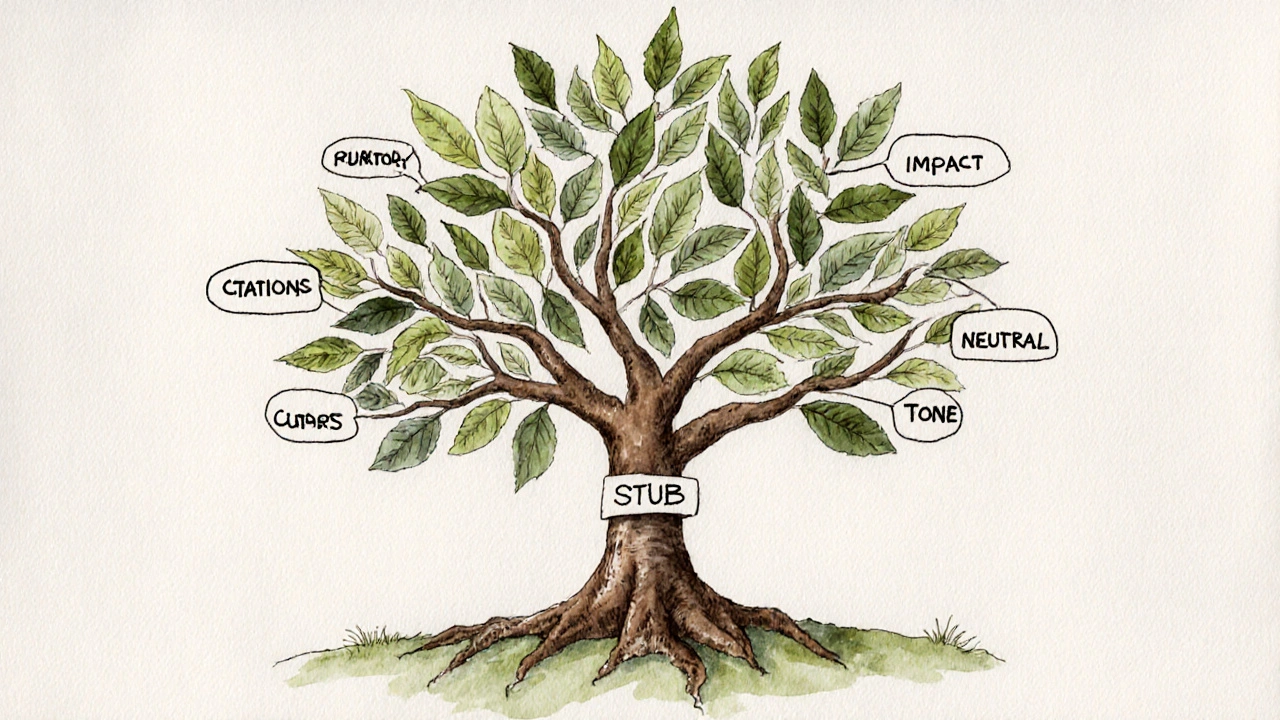 A tree growing from a stub seed, with branches labeled by article sections and leaves as sources.