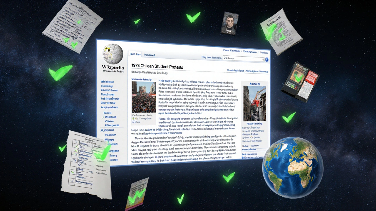 A Wikipedia article on Chilean student protests glowing with global viewership and research sources.