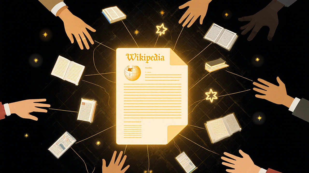 A Wikipedia article surrounded by floating academic sources, connected by light threads in a knowledge network.