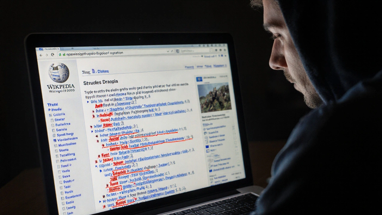 A Wikipedia edit history screen showing rapid changes to a conflict article, with one editor watching in exhaustion.