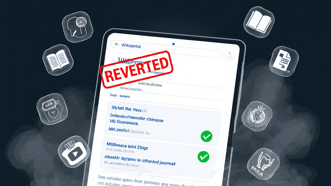 A Wikipedia edit with a rejected press release citation and approved news/journal citations shown beside it.