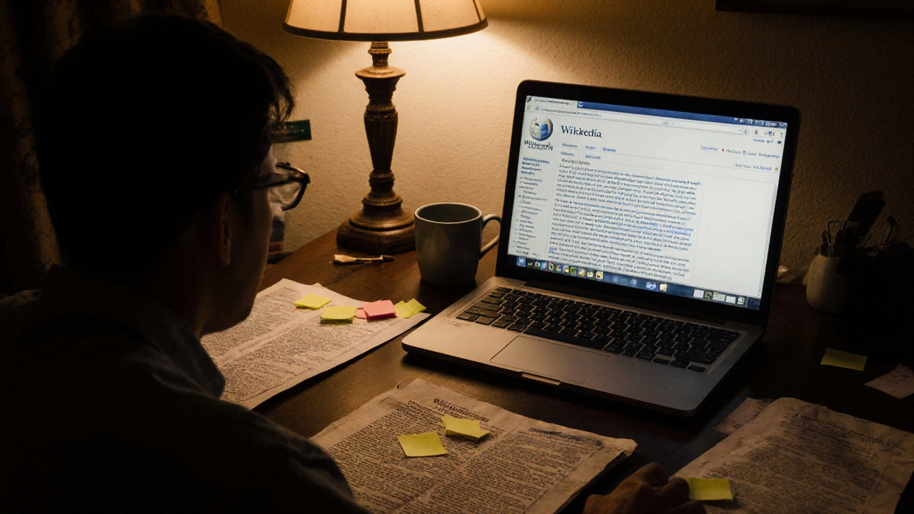 A Wikipedia editor in a rural home office struggling to find reliable sources for a local news article.