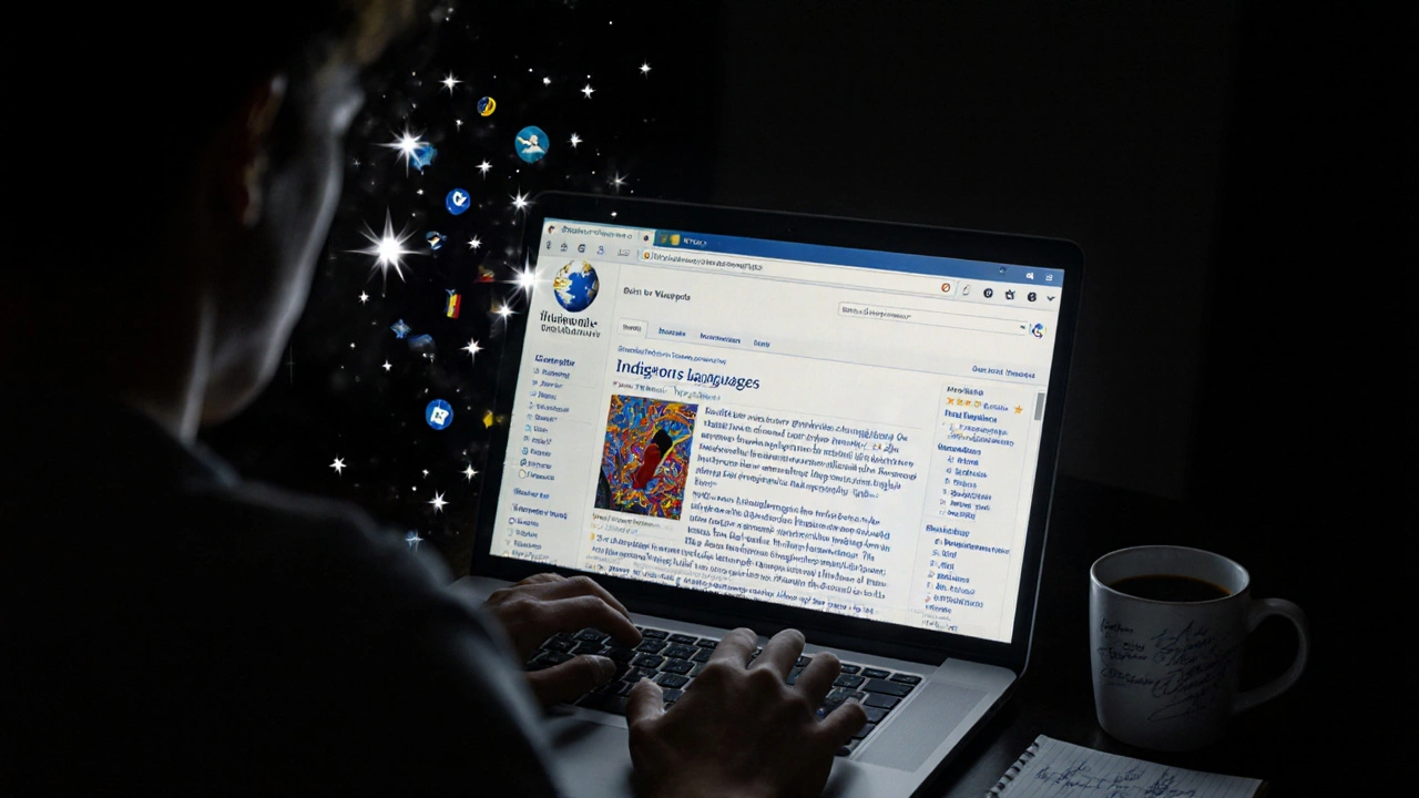 A Wikipedia editor working at night, screen glowing with edit activity and global view statistics above.