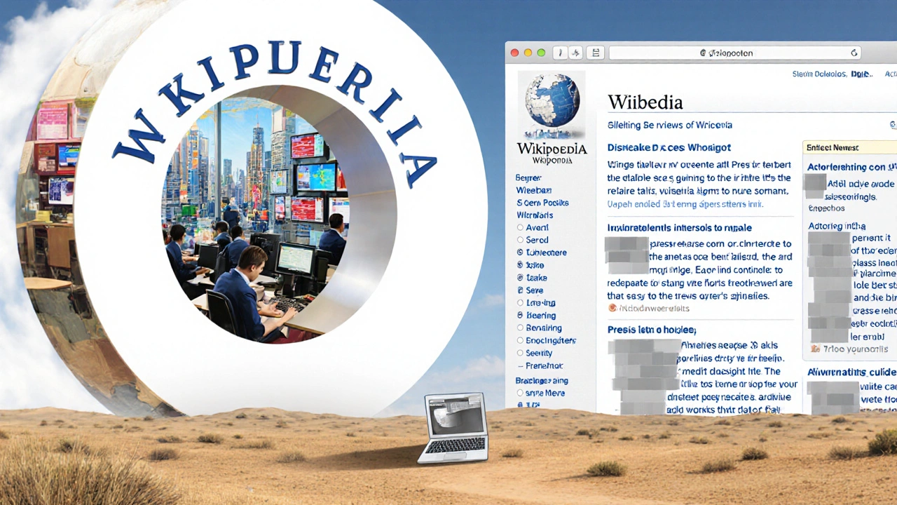 A Wikipedia mirror reflecting a bustling city newsroom on one side and a barren rural landscape with digital press releases on the other.