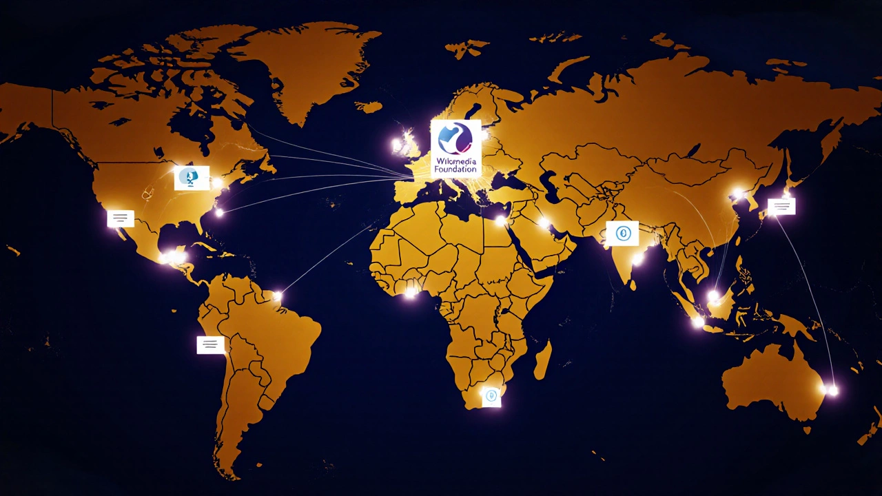 A world map showing global support networks connecting Wikimedia safety resources to high-risk regions.