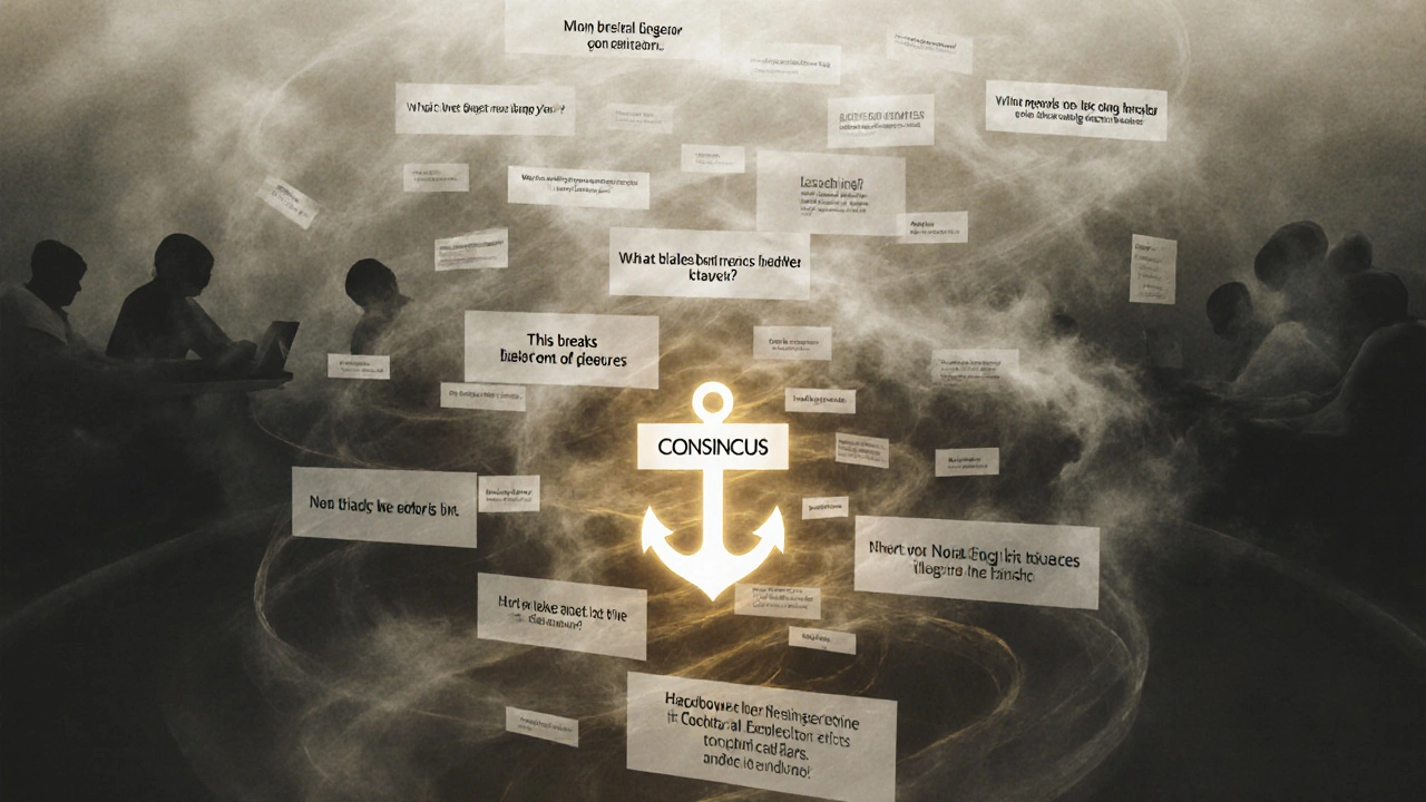 Abstract representation of consensus-building in Wikipedia policy discussions with floating comments.