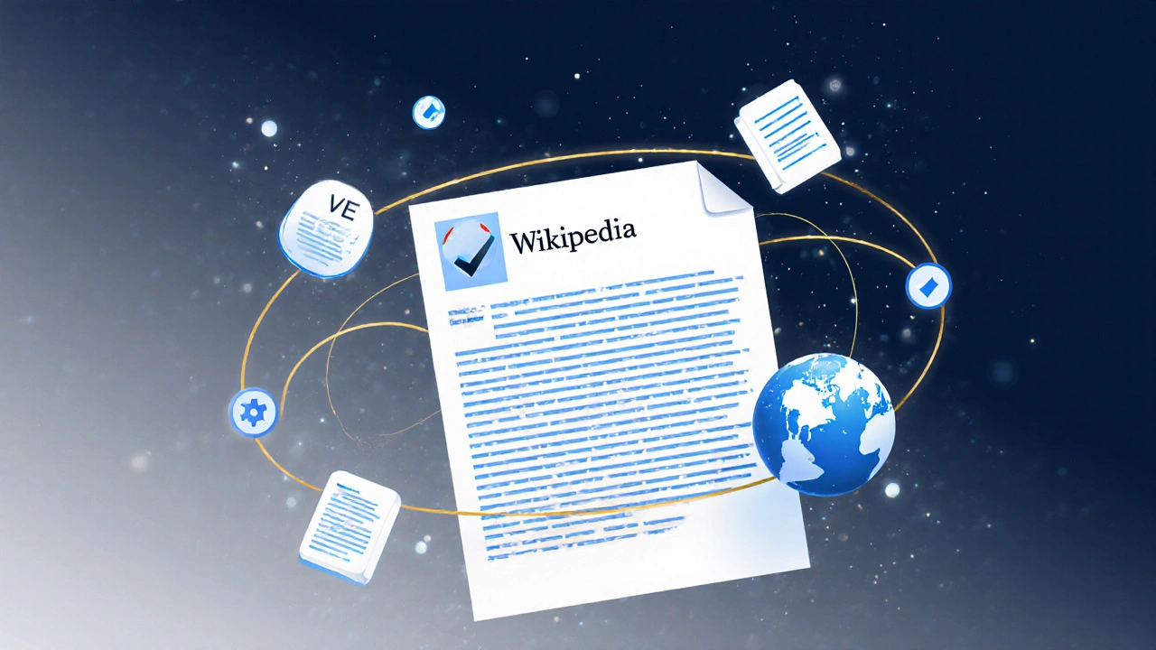 Abstract scene of bots automatically correcting a Wikipedia article with floating icons and golden connections.