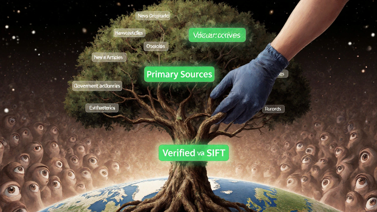 Abstract tree of knowledge with verified sources as roots and press coverage as pruning branches.