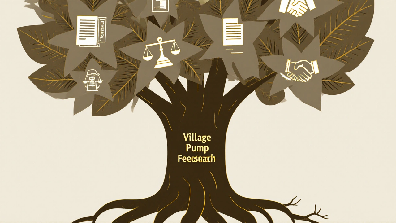 Abstract tree with leaves representing community feedback and revised policy ideas, symbolizing consensus building.