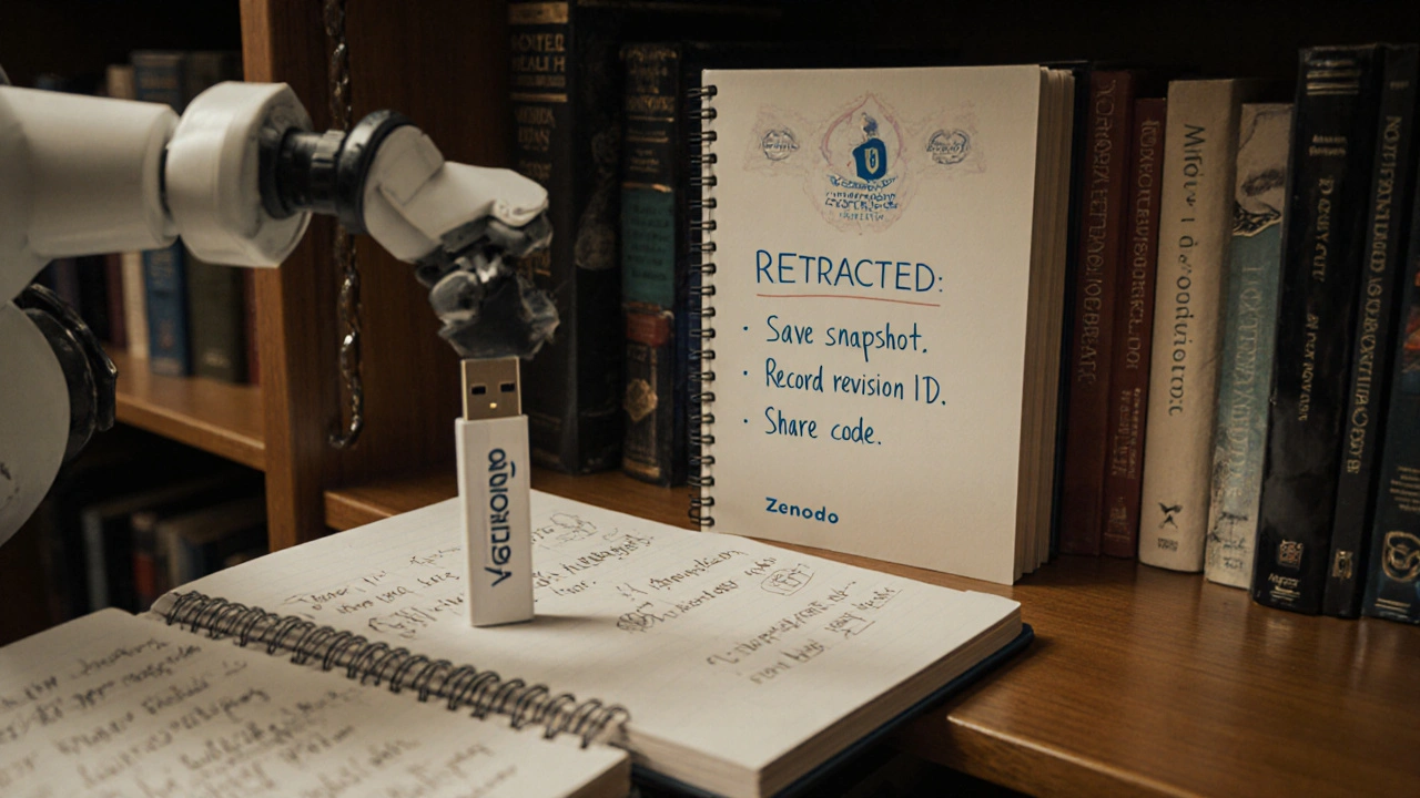 Academic shelf with retracted journal beside notebook listing reproducibility steps and a labeled data drive.