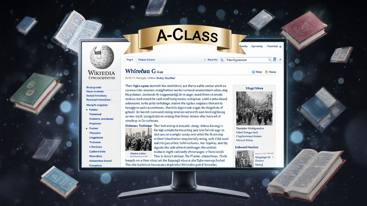 An A-Class Wikipedia article with images, tables, and references, glowing on a monitor amid floating books.