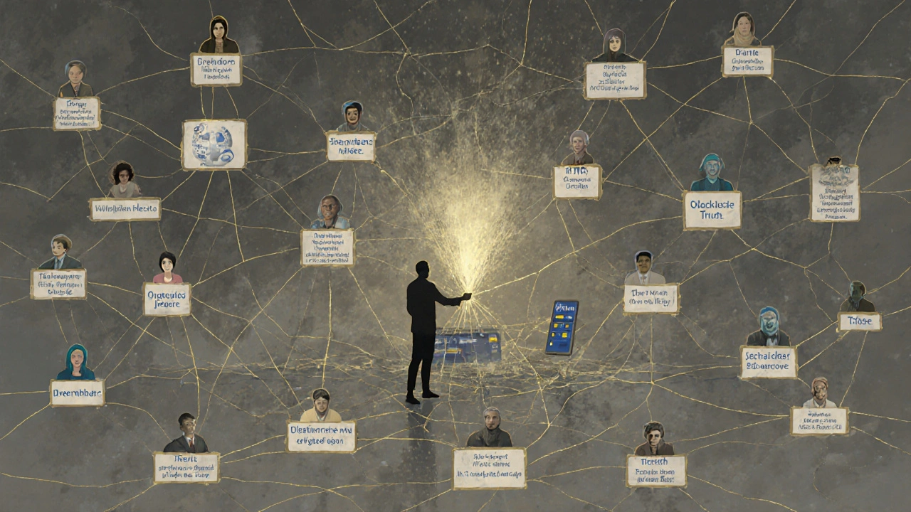 An abstract web of fake Wikipedia identities collapsing as truth is pulled free.