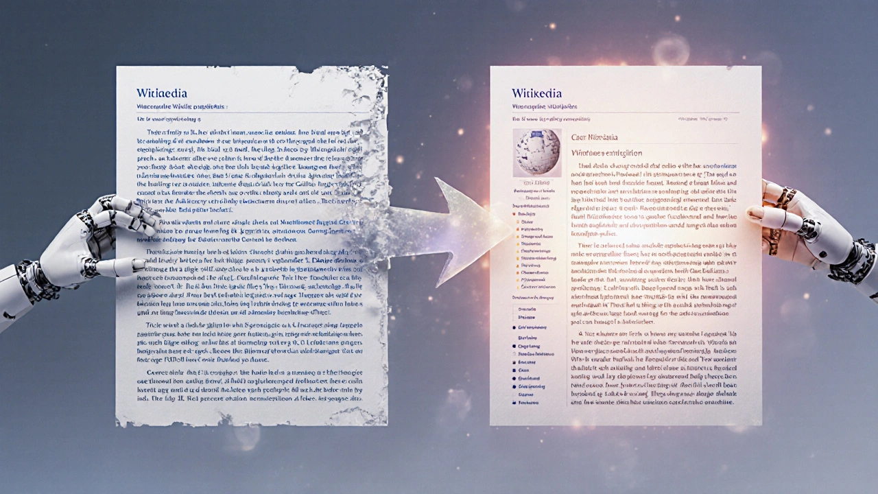 An article improving from messy draft to polished format through invisible automated corrections.