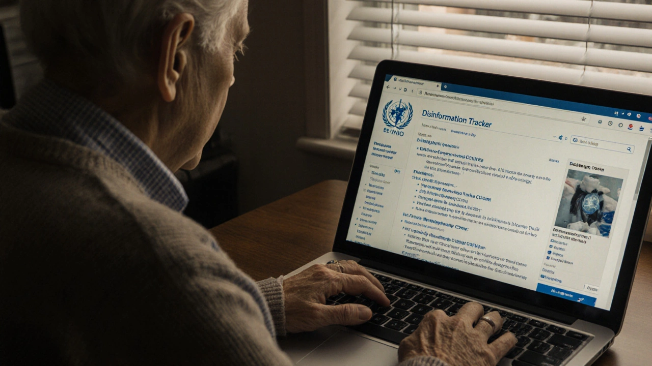 An elderly editor verifying WHO guidelines against a Wikipedia disinformation tracker page in a quiet home office.