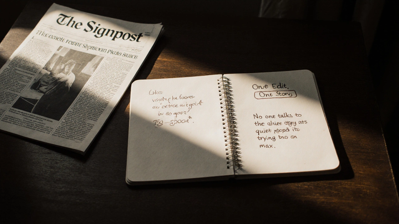 An empty editorial desk with notes and a copy of The Signpost highlighting quiet contributions.