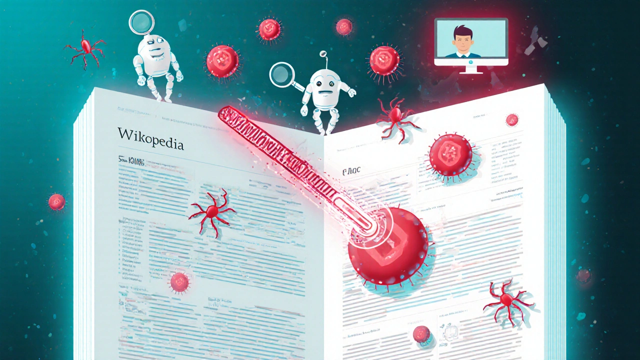 An immune system metaphor where bots attack spam parasites inside a Wikipedia encyclopedia.