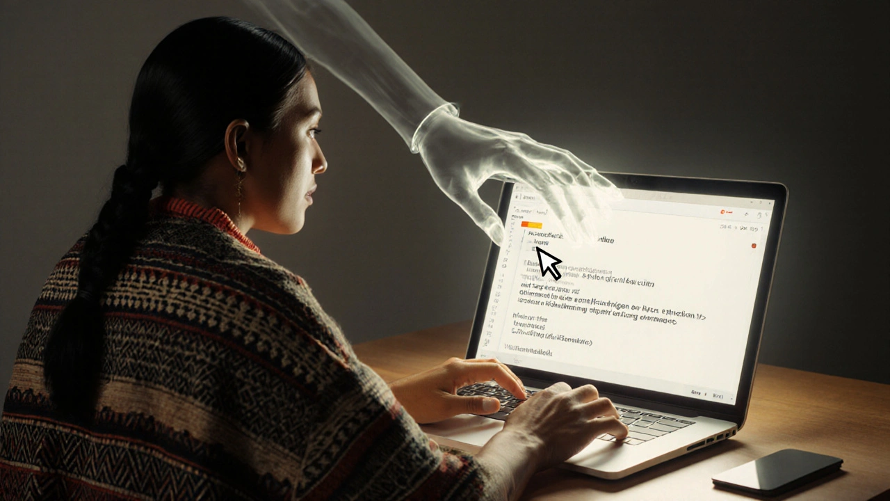 An Indigenous editor being interrupted by a ghostly hand deleting their Wikipedia edit about Māori oral traditions.