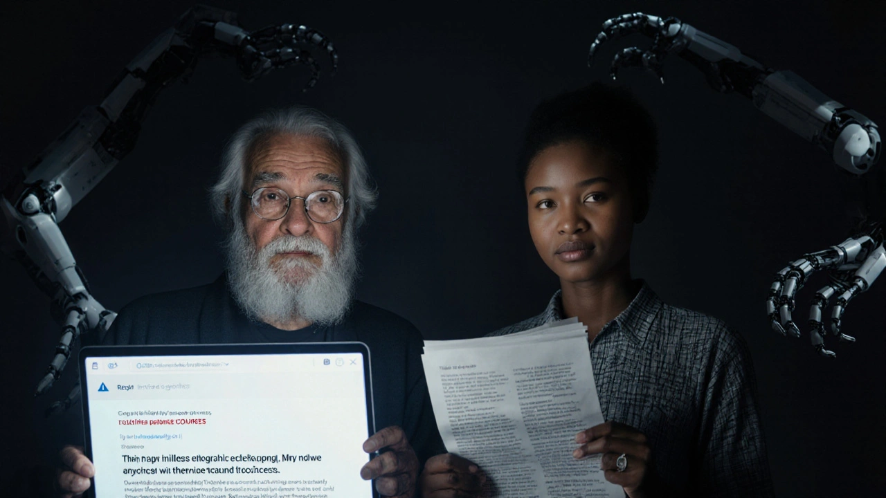 An Indigenous elder and researcher watch as their community knowledge is rejected by an AI moderation system.