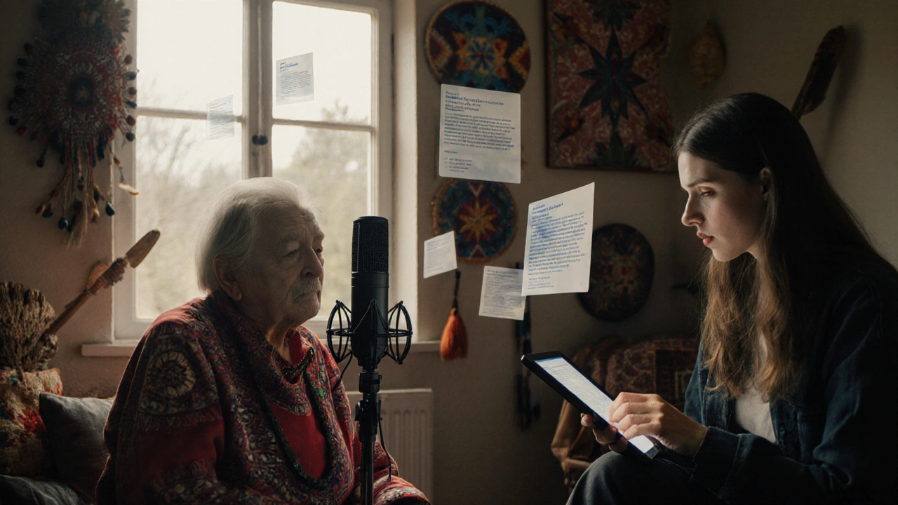 An Indigenous elder shares oral history with a young editor creating a Wikipedia article.