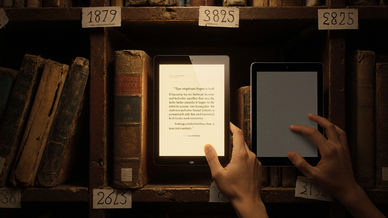 An infinite library shelf shows fading digital knowledge, with one glowing academic quote being erased.