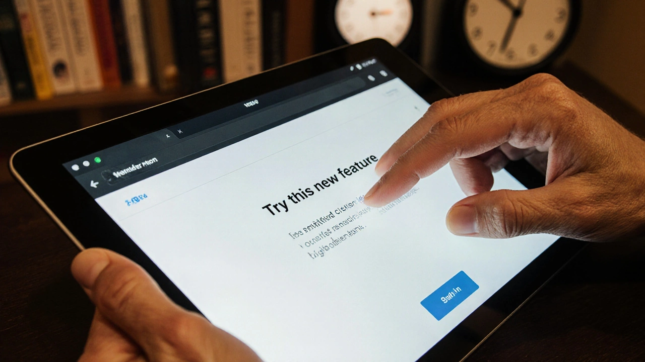 An older volunteer testing a citation tool on a tablet late at night, surrounded by books.