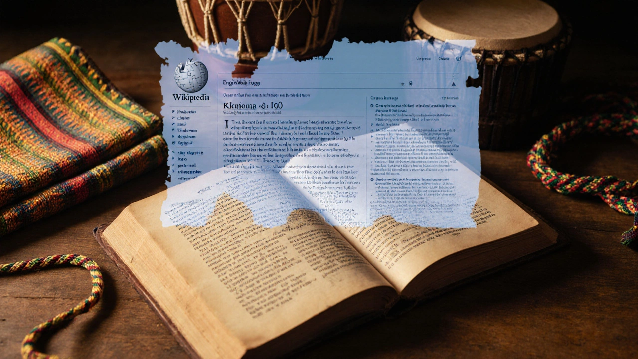 An open book with local languages and artifacts beside a fading digital Wikipedia page, symbolizing ignored indigenous knowledge.