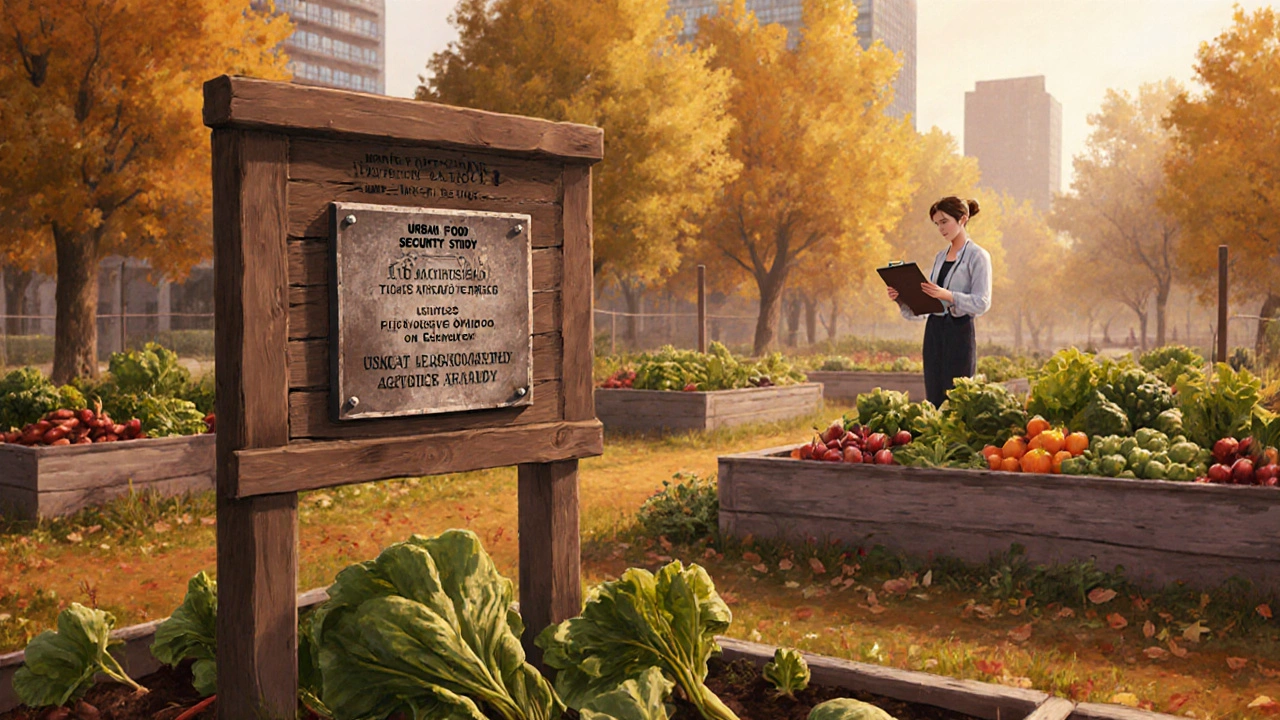 Autumn community garden with state award plaque and researcher taking notes.