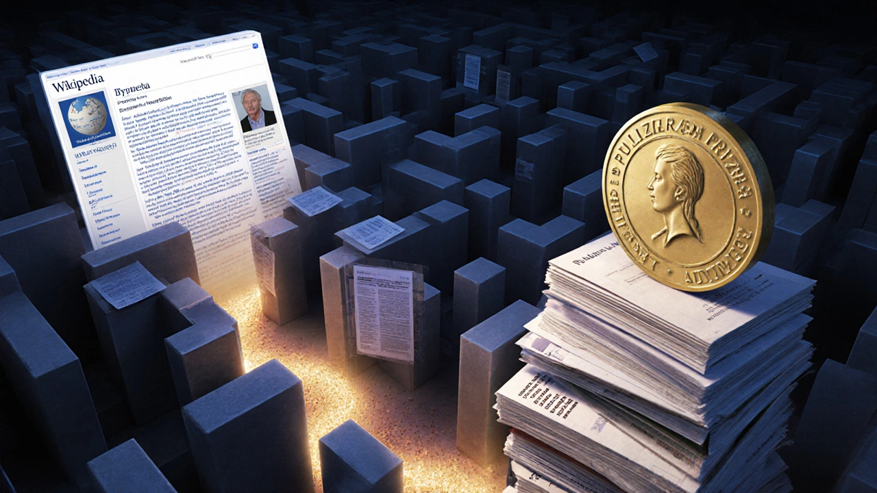 Breadcrumbs leading from Wikipedia to investigative documents and a Pulitzer medal.