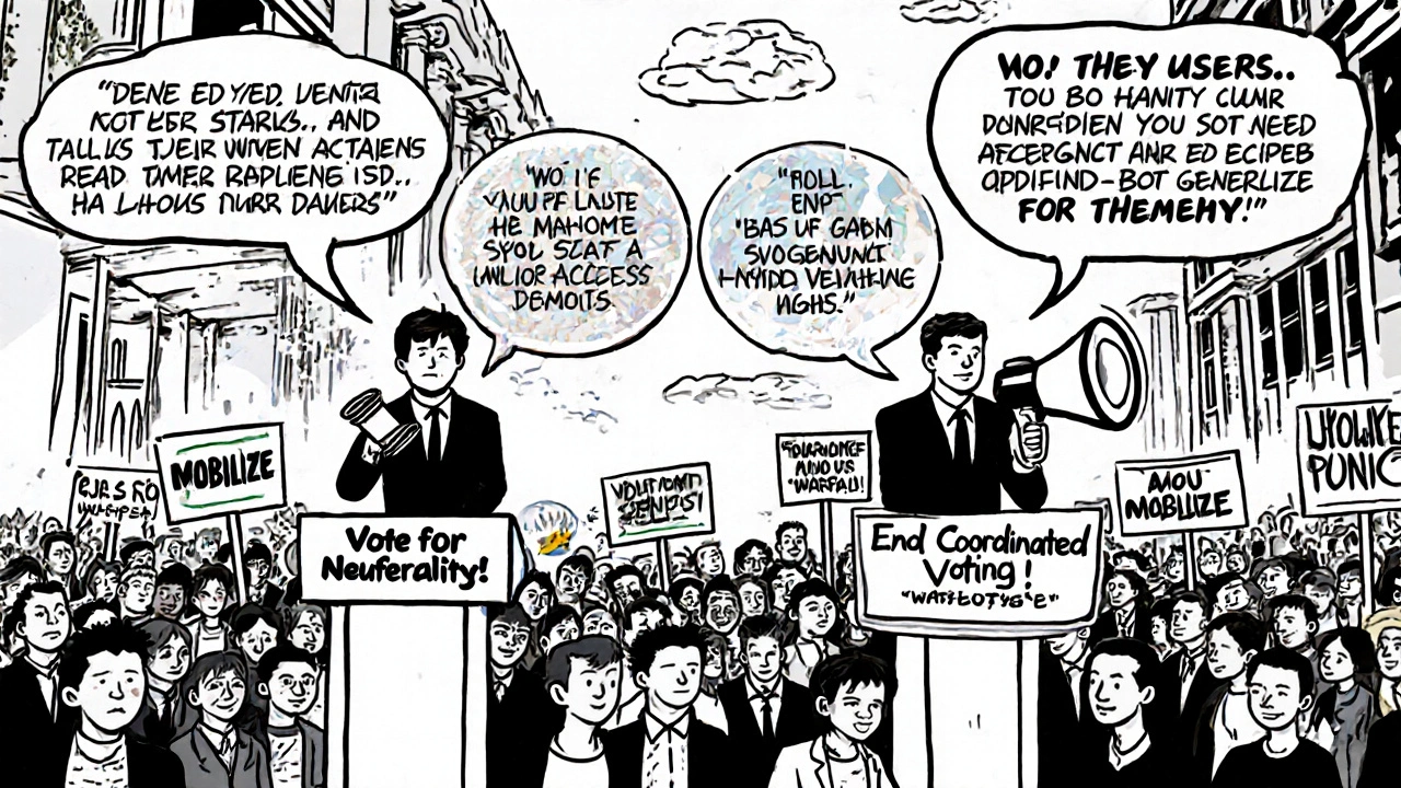 Comic book scene of Wikipedia editors rallying for ArbCom candidates with opposing slogans and floating endorsements.
