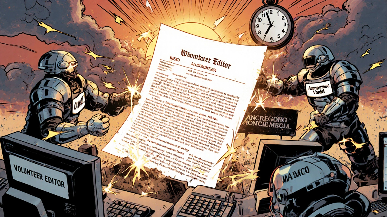 Comic book-style battle between editors and vandals over a COVID-19 article, with floating citations and ticking clock.