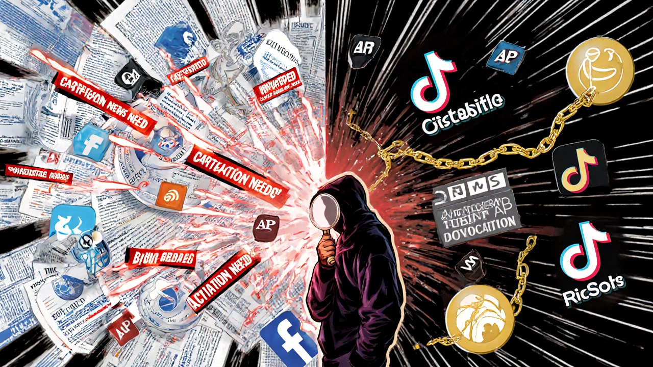 Comic-style digital battle between unverified social media rumors and authoritative news sources on a Wikipedia page.