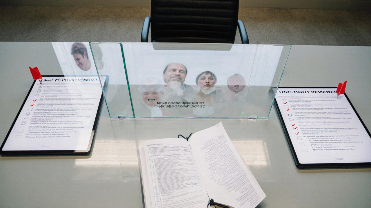 Conflict of interest forms and a glass divider on a conference table, symbolizing transparency and independent review in journalism.