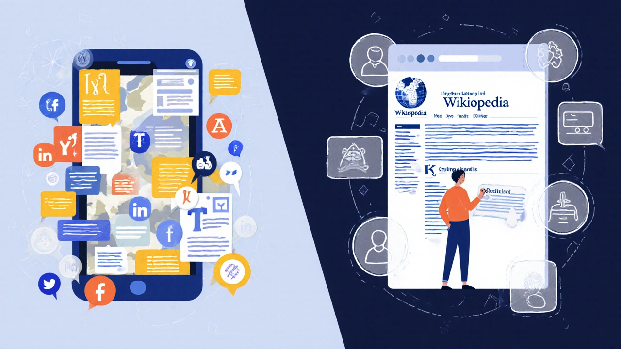 Contrast between addictive social media design and Wikipedia's ethical, user-focused interface.