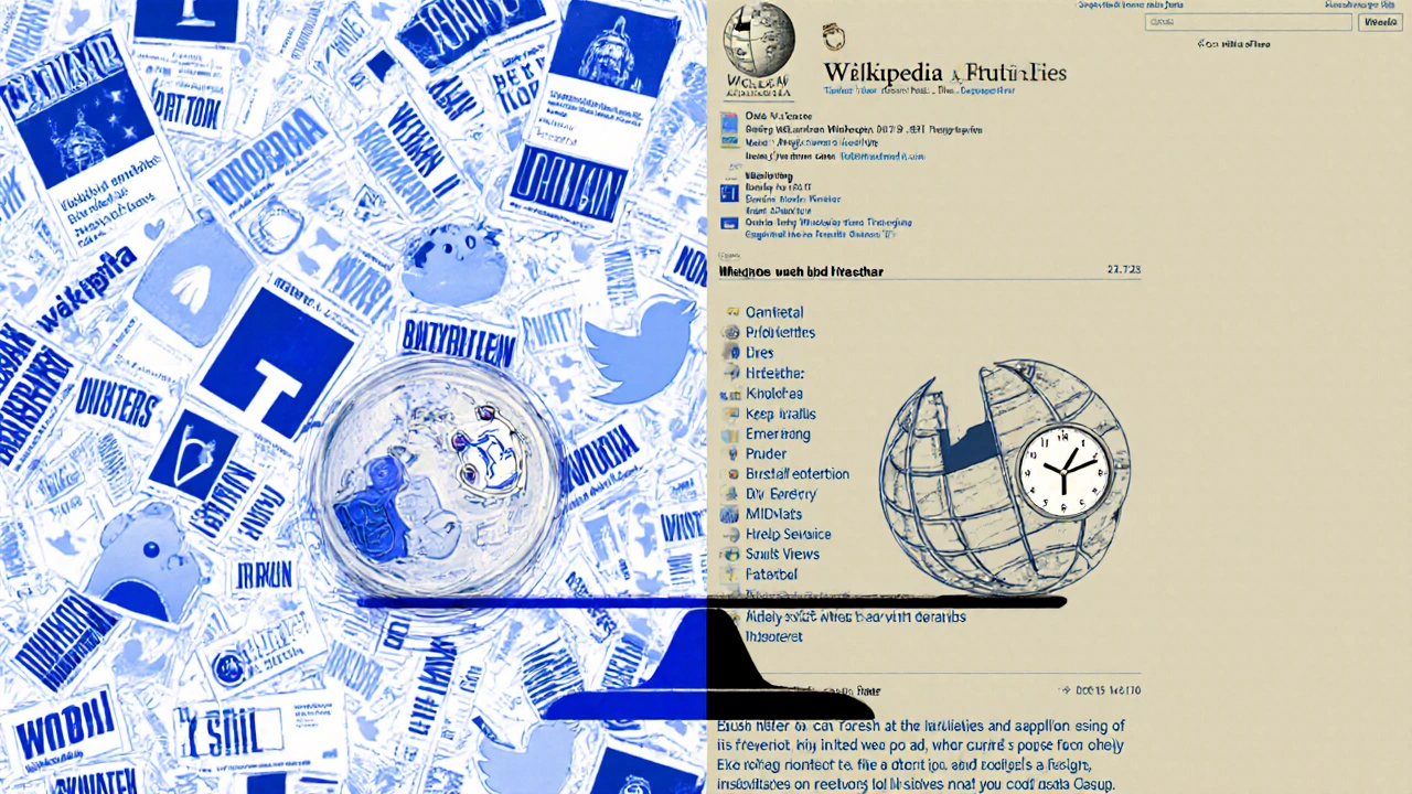 Contrast between chaotic social media and calm, sourced Wikipedia current events entry.