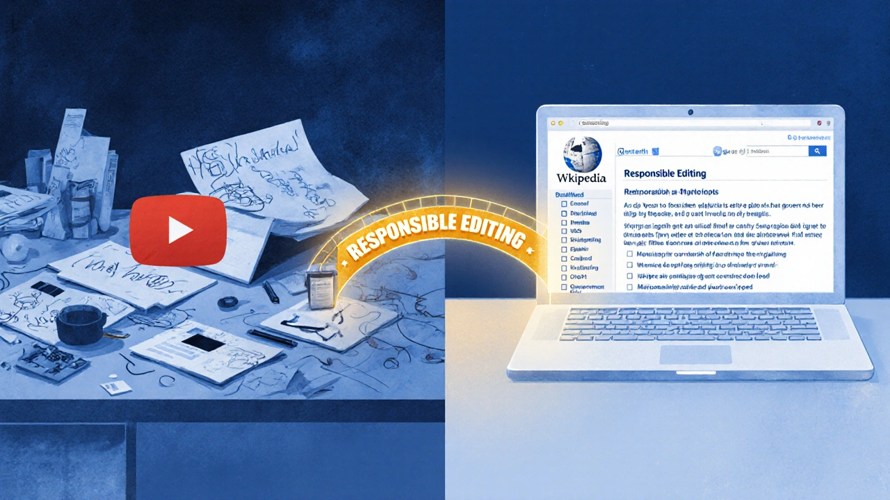 Contrasting chaotic unverified editing vs. clean, sourced Wikipedia edits with the Five Pillars.