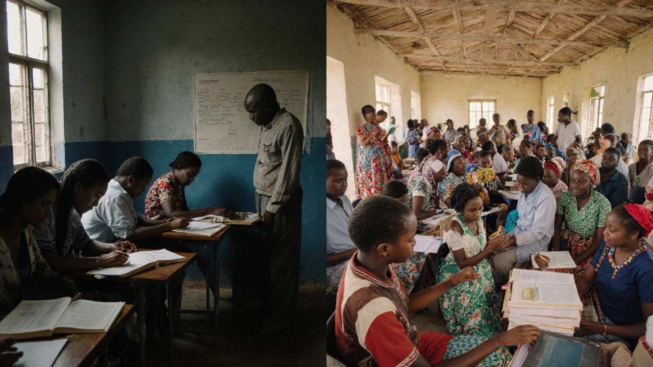 Contrasting scenes of outdated Wikipedia editing versus inclusive, community-driven content creation.