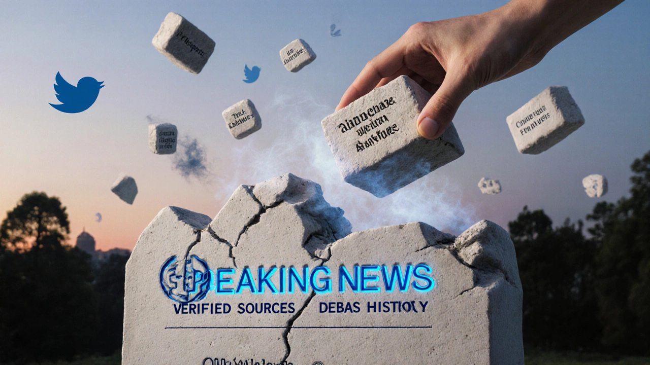 Crumbling Wikipedia monument revealing verified sources beneath, with rumors fading as a trusted citation is added.