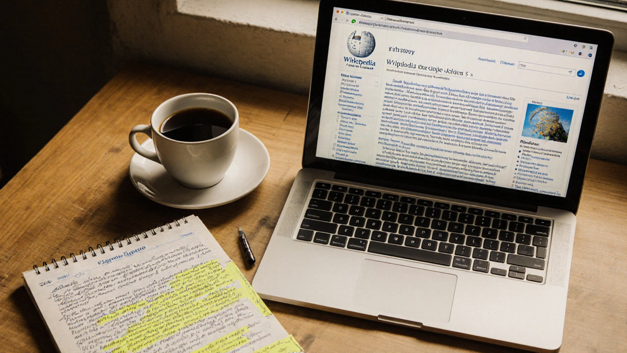 Desk with laptop showing Wikipedia history and handwritten notes tracing article changes