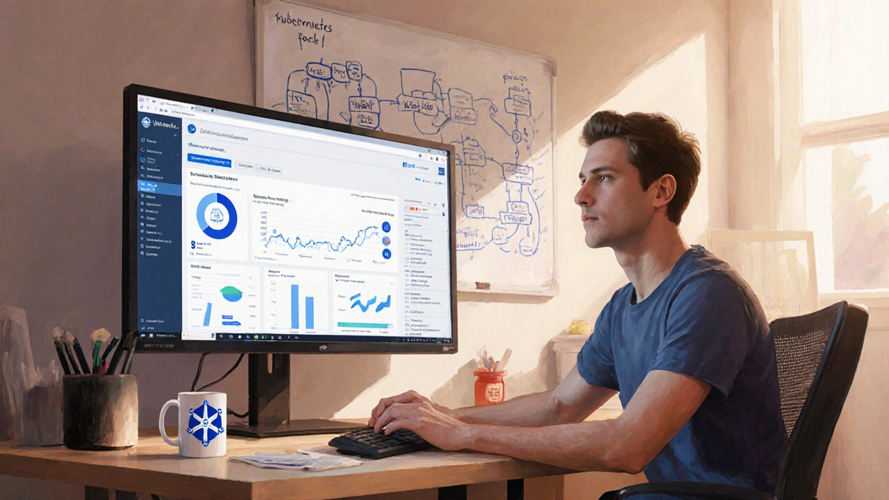 Developer watching a dashboard showing bot scaling from 2 to 10 replicas in a home office.