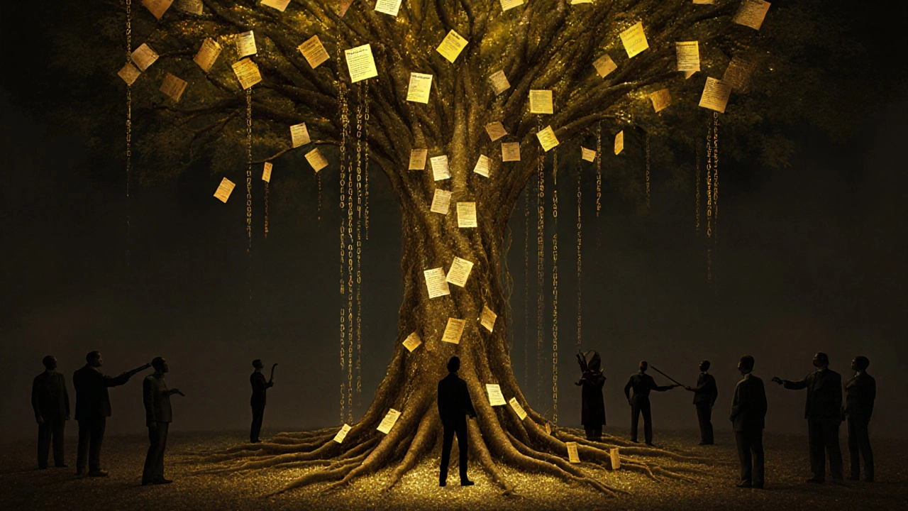 Digital tree with Wikipedia roots and AI branches, corporate figures harvesting data