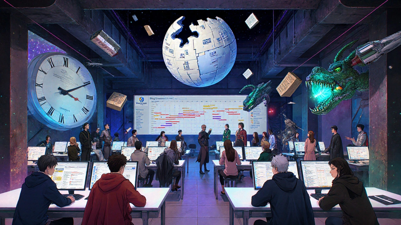 Diverse fans gathered in a digital hub debating lore for Marvel and The Witcher, with holograms and screens displaying timelines.