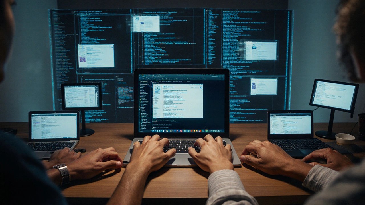 Diverse group of people editing Wikipedia on laptops, with edit logs visible on screens behind them.