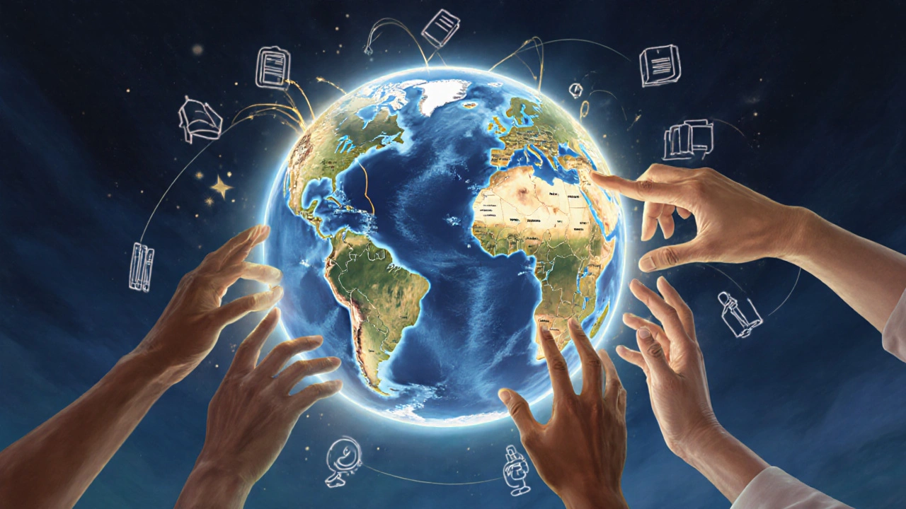 Diverse hands contributing knowledge to a glowing globe representing global Wikipedia edits.